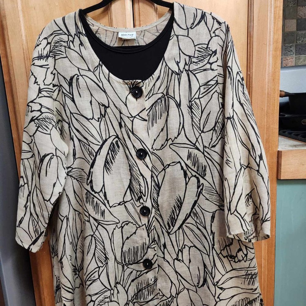 Habitat Lenin long tunic jacket in black floral sketch on tan